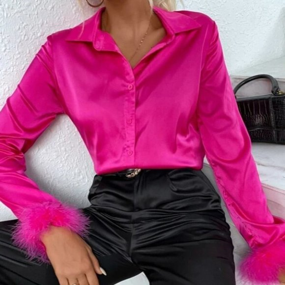 Feather Fuzzy Cuffed Button Down Satin Blouse Top pink - Picture 4 of 6